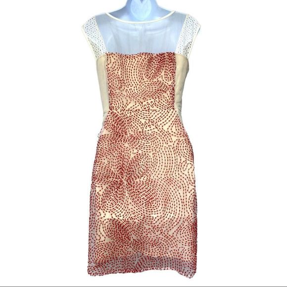 Anthropologie WESTON Illusion Semi Sheer Embroidered Midi Dress Cream Red XS - Picture 9 of 14